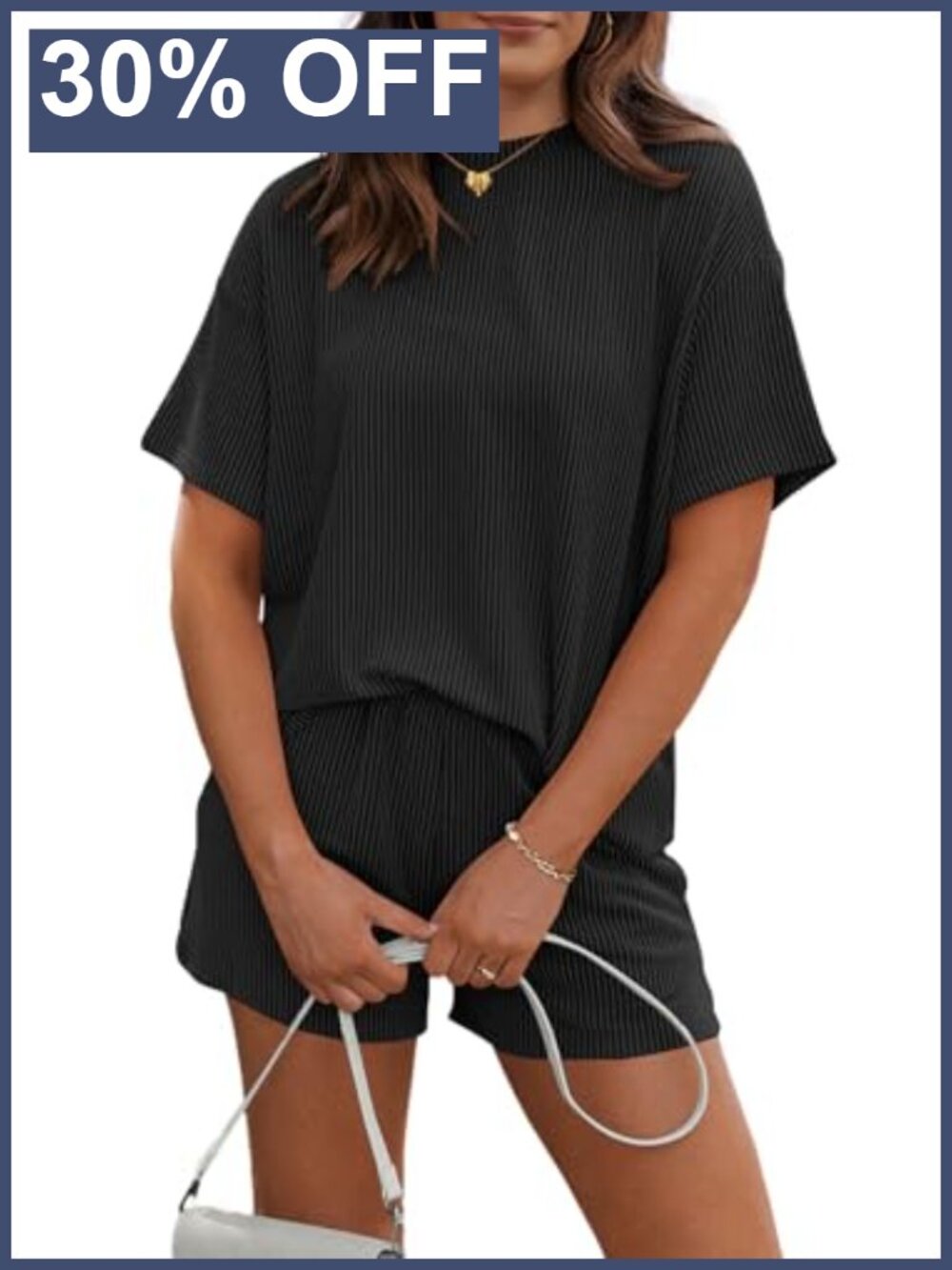 Ribbed Knit 2 Piece Lounge Set Short Sleeve Top & Pocket Shorts